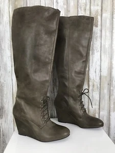 Steve Madden LUXE Taupe Light Brown Tall Leather Lacer Up Pull On Wedge Boots 9 - Picture 1 of 12