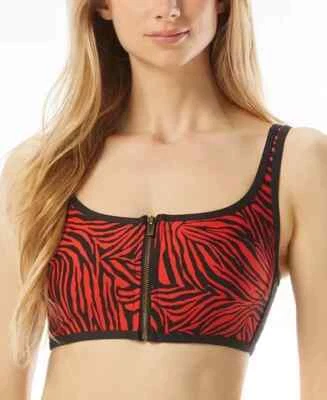 Top de bikini Michael Kors para mujer con cremallera frontal y cebra, rubí, S Foto 1 de 3