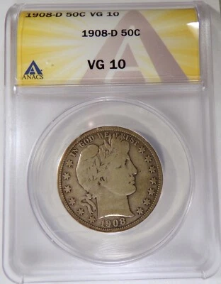1908-D Barber Half  50c ANACS Good VG 10 - Image 1 of 2