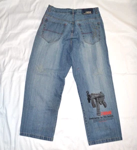 ARME Hong Kong Made 'Welcome To The Hood' Baggy Distressed Denim Jeans, Men's 40 - Picture 1 of 12