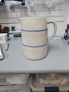 Vintage Stoneware Crock Pitcher, Blue Striped, 8” Unmarked Great cond - Picture 1 of 6