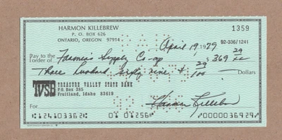 Harmon Killebrew - Cheque firmado con autógrafo - Salón de la Fama - Mellizos de Minnesota Foto 1 de 2