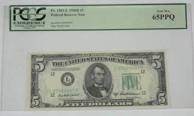 1950-B $5 San Francisco L-District FRN PCGS Gem New 65 PPQ Fr#1963-L - Image 1 of 4