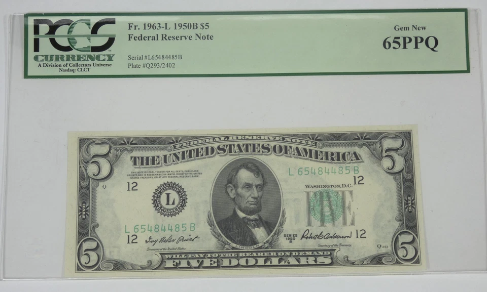 1950-B $5 San Francisco L-District FRN PCGS Gem New 65 PPQ Fr#1963-L - Image 1 of 4