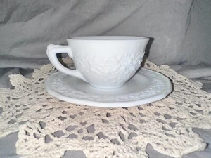 Vintage Milk Glass Cup Saucer Embossed Floral Starburst Bottom Anchor Federal? - Picture 1 of 5