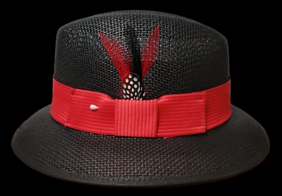 Mens Classic Black Red lowrider center crease  hat fedora Red  Rooster Feather - Image 1 of 4