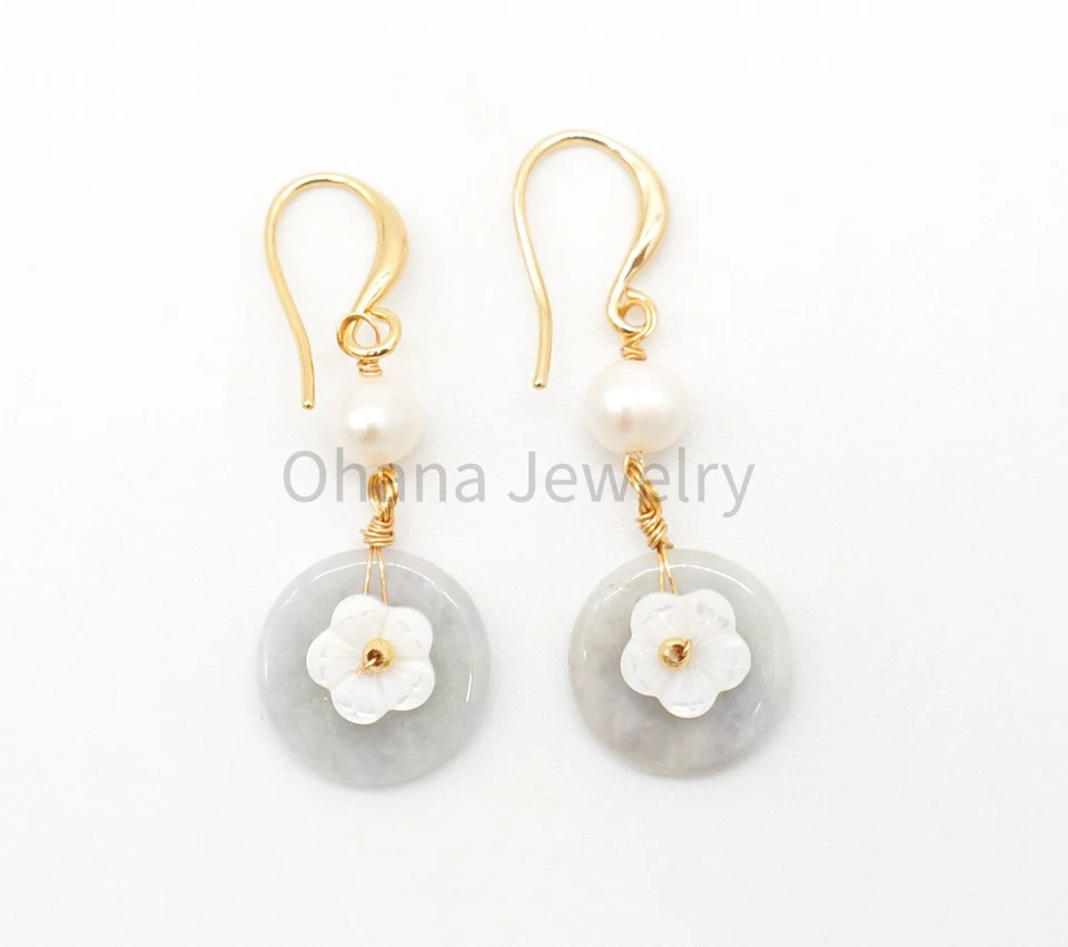 Natural Jade Freshwater Pearl Dangling Drop Earrings - Mother of Pearl Flower - Imagem 1 de 1