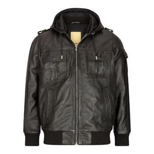 Mens Real Leather Jacket Black Brown Hooded Hood Zip Retro Bomber Casual - Picture 1 of 11