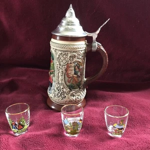 Vintage Alt-Grenzau 1894 Germany Beer Stein & Three Shot Glasses (R5/44) - Picture 1 of 13