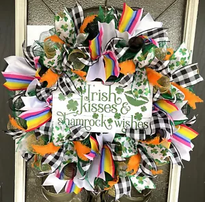 Rainbow Irish Kisses Shamrock Wishs giorno di San Patrizio rete decorativa corona porta anteriore - Foto 1 di 6