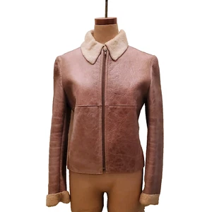 Cropped High neck Ecru Textured Vegan Leather & Shearling Jacket Sz Sm - Picture 1 of 8