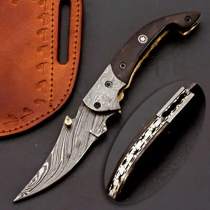 Maßgeschneidertes handgefertigtes Damast Klappmesser Taschenmesser mit Leder EDC Geschenk für ihn - Bild 1 von 10