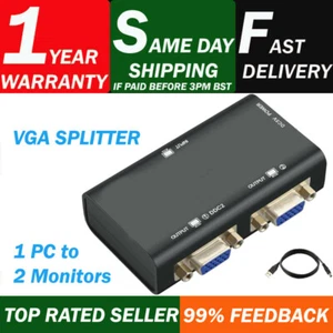 VGA Splitter 2 Port 250MHz 1 PC to 2 Monitors SVGA Video Splitter 1920 x 1440 - Picture 1 of 4