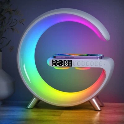 Multifunctional Wireless Charger RGB Light Alarm Clock Speaker White - Image 1 of 4