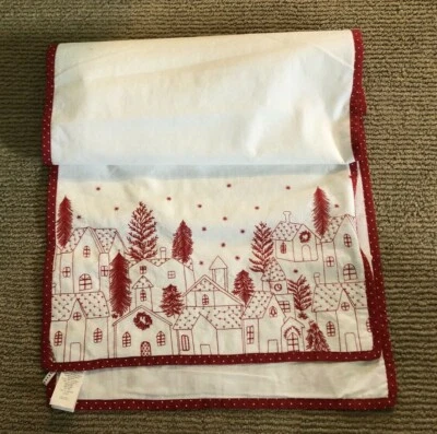 Pottery Barn Village Table Runner White Red 108L Embroidered Christmas Holiday - Image 1 of 2
