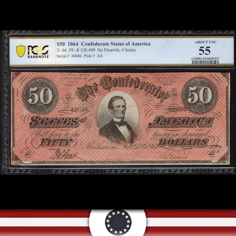 DARK T-66 1864 $50 CONFEDERATE CURRENCY PCGS 55 *CIVIL WAR NOTE*  40686 Cover