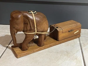 Vintage Hand Carved Wooden Elephant Pulling Cigarette Hinged Chest (30.5CM) - Picture 1 of 11