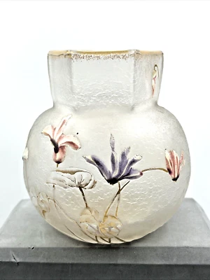 Art Nouveau Legras - Mont Joye Frosted Glass Enamel Iris Violets Bulb Vase 4" - Image 1 of 4