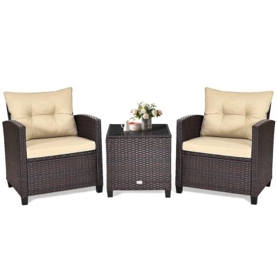 3er Set Sitzgruppe Rattan Gartenmöbel Lounge Set Balkonmöbel mit Sitzkissen - Bild 1 von 4