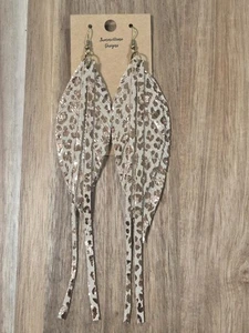 Handmade GENUINE Leather Feather Earrings Leopard Animal Print Rose Gold 6" - Picture 1 of 3