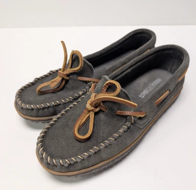 Size 6.5 - Minnetonka Tie Tread Water Resistant Suede Moccasin Slippers, Gray - Image 1 of 4