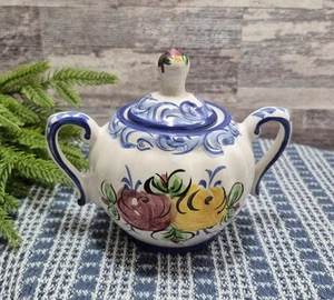 Porta Hand Painted Lidded Sugar Bowl, Portugal 375 Blue & White w/ Floral Design - Picture 1 of 12