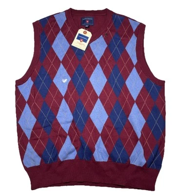 New Saddlebred Mens Large Sweatervest Argyle Design Maroon Blue - Image 1 of 4