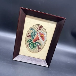 Vintage Needlepoint Picture Floral Art Handmade Flower Wooden Frame Cottagecore - Picture 1 of 8