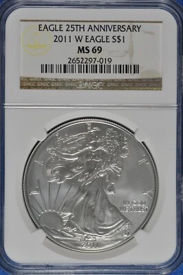 2011 W Burnished 1 OZ Silver American Eagle NGC MS 69 25th Anniversary - Image 1 of 2