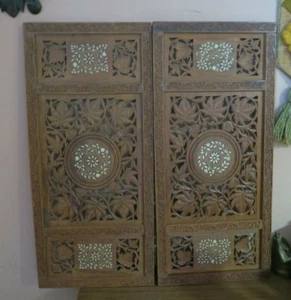 Set of 2 Hand Craved Antique Vintage Indian Wood Inlay Door Window Panel 13"x16" - Picture 1 of 9