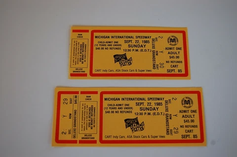 Group of 2 1985 Michigan Grand Prix Auto Racing Tickets w/ 1 Full Unused Cover