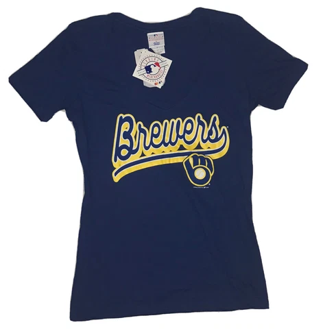 NEW Milwaukee Brewers Graphic Shirt Women’s Small Blue Cap Sleeves V-Neck NWT Cover