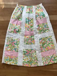 Vintage 1970s MR HANK Preppy Patchwork Skirt Eyelet Cottagecore S Pink Green - Picture 1 of 3