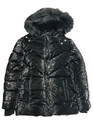 Justice Girls Shiny Black Hooded Ski Jacket Winter Puffer Coat - Image 1 of 3