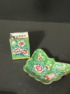 Antique Cloisonne Butterfly Shape Ashtray &Match Box Holder/Floral Design - Picture 1 of 10