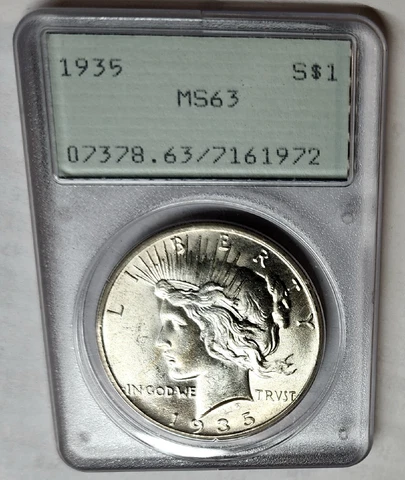 CHOICE 1935 Peace Silver Dollar PCGS MS-63 1st Gen. Holder "Rattler" HIGH GRADE Cover
