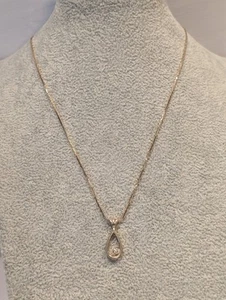 14k Gold Open Teardrop Pendant w/2mm Natural Diamond & 14k Chain 3.75g TW Italy - Picture 1 of 12