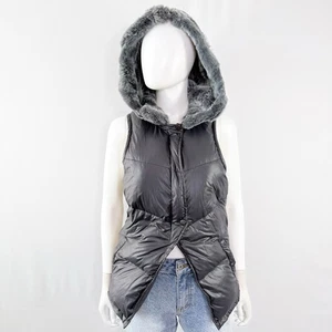 Elizabeth & James Black Down Filled Puffer Vest Size L Removable Rabbit Fur Hood - Picture 1 of 9
