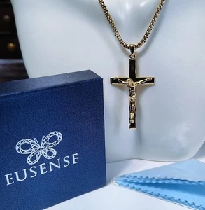 BIG Jesus Cross 18k Yellow Gold over Sterling Silver Crucifix Pendant Necklace  - Picture 1 of 14