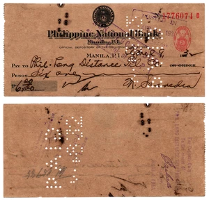 1932 Philippines National Bank Canceled/Paid Check "Phil Long Distance Tel. Co" - Picture 1 of 4