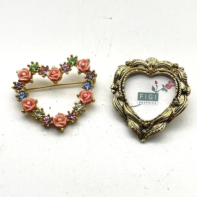 Vintage AVON Heart Brooch Pink Rose Floral Rhinestone Gold Tone and FIGI Frame - Image 1 of 4