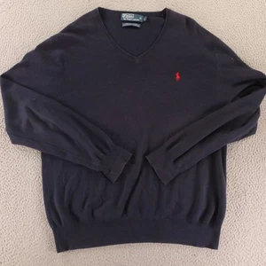 Polo Ralph Lauren Sweater Mens L Blue V Neck Red Pony Logo Pima 100% Cotton - Picture 1 of 9