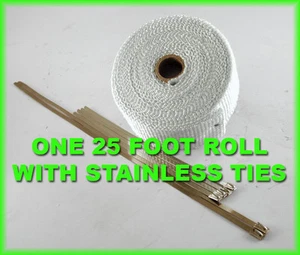 EXHAUST HEAT HEADER PIPE WRAP ROLL & STAINLESS TIES 1/16"X 2" X 25 FT WHITE - Picture 1 of 1