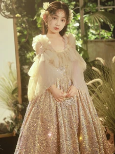 Ruffle Sleeves Glitter Sequins Maxi Long Gown Tulle Dress Princess Flower Girl - Picture 1 of 11