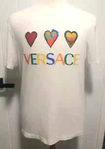 Versace Mens T-shirt Size Small Multi Colour Embroidered Hearts Logo White Base - Picture 1 of 7