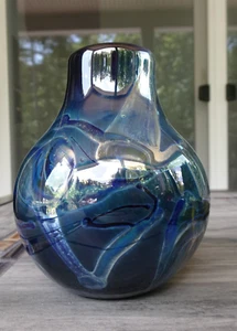 Signed 1972 Studio Art Glass Black Blue Silver Metallic Small Vase - Picture 1 of 15