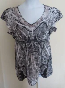 UNITY WORLD WEAR Negro Blanco Cachemira Tejido Remolino CAMISA XL Top Volantes - Imagen 1 de 4