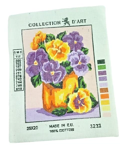 Collection D'Art Painted Needlepoint Canvas Purple Yellow Pansies Vase 5.5 x 7" - Picture 1 of 4