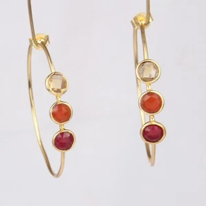 18k Gold Plated Multi-stone Hoop Earring Sterling Silver Trio Earrings Jewelry - Picture 1 of 4