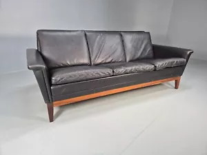 Vintage Danish 3 Seat Sofa Black Leather Rosewood 1960s Retro MCM EB8731 M3SS - Picture 1 of 19
